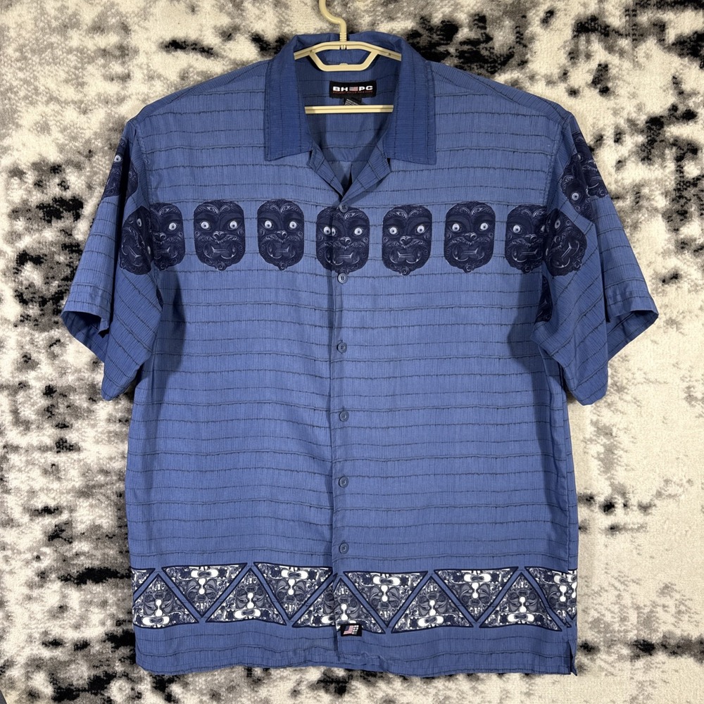 Beverly Hills Polo Club Shirt Mens Large/XL Blue Tiki Mask Hawaiian Tribal Beach